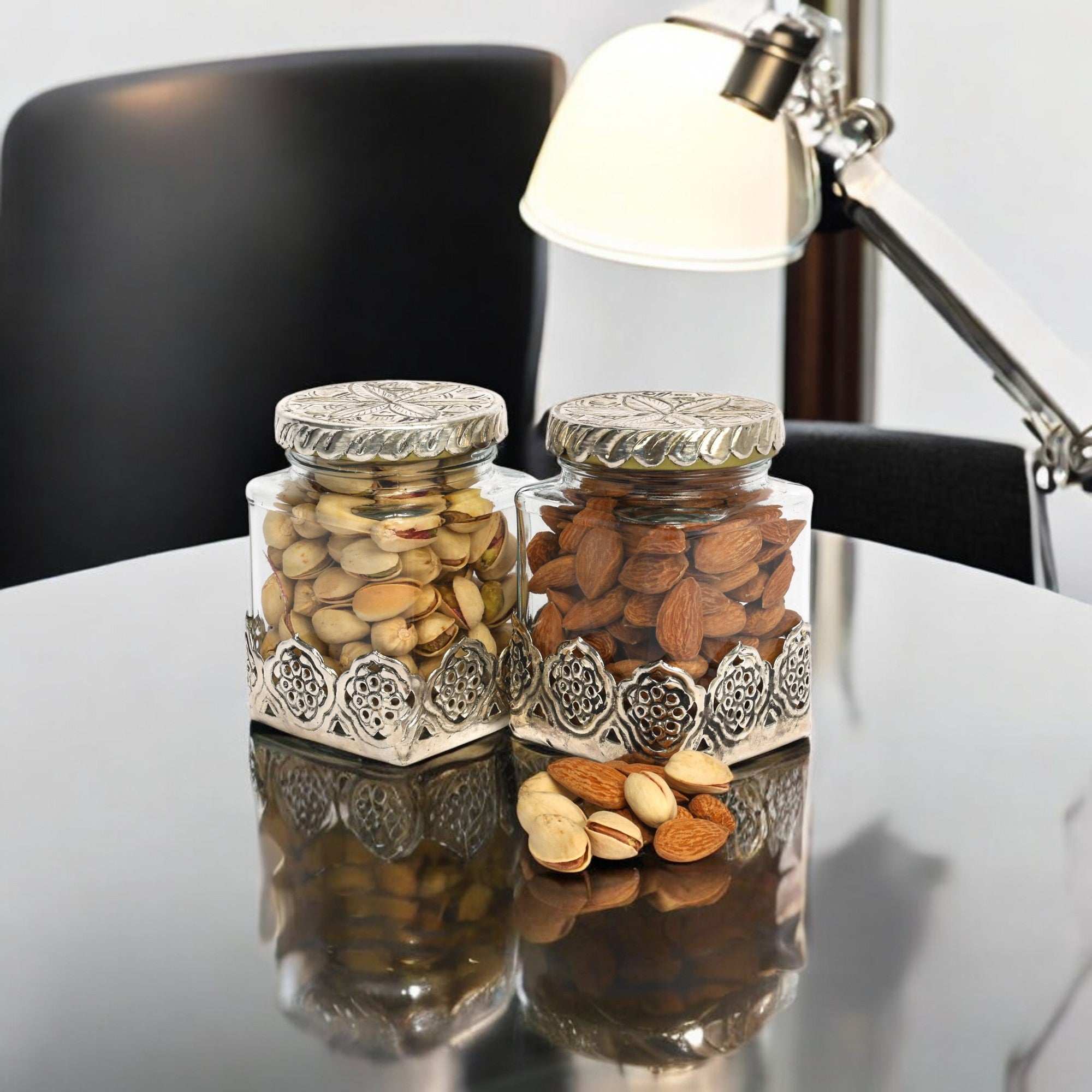 German Silver—Set of 4 Glass Jars