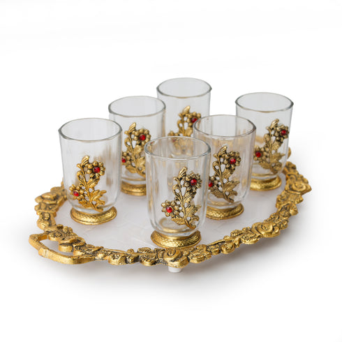 German Silver—Set of 6 Glasses with Decorative Tray—Golden