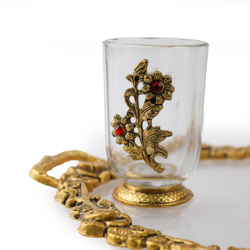 German Silver—Set of 6 Glasses with Decorative Tray—Golden
