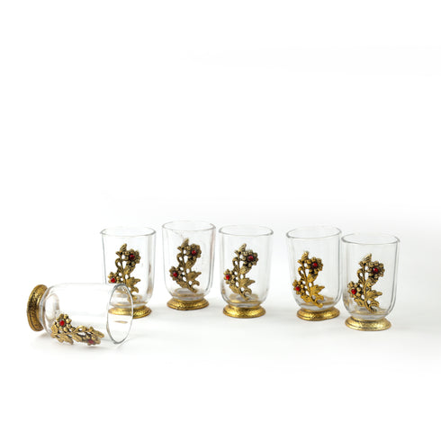 German Silver—Set of 6 Glasses with Decorative Tray—Golden