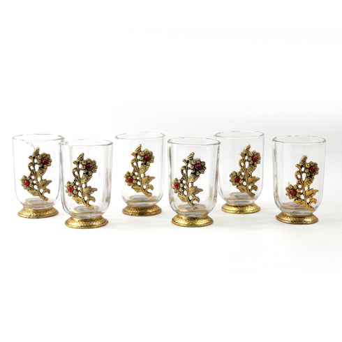 German Silver—Set of 6 Glasses with Decorative Tray—Golden