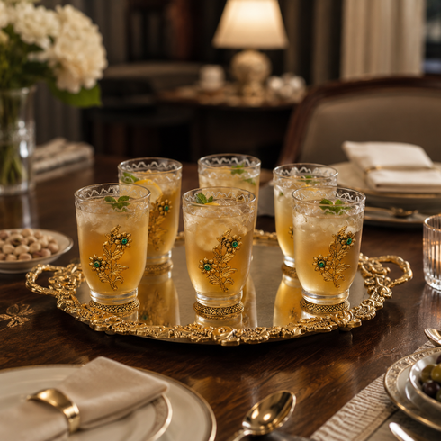 Decorative glasses with a golden rim on a mirrored tray in a elegant dining setting.
