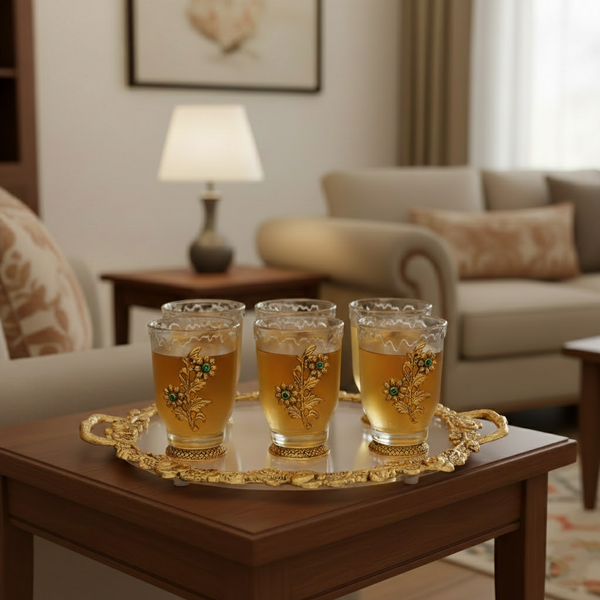 German Silver—Set of 6 Glasses with Tray—Golden