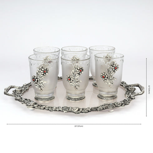 German Silver—Set of 6 Glasses with Tray—Silver