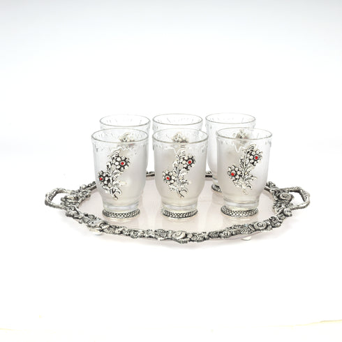 German Silver—Set of 6 Glasses with Tray—Silver
