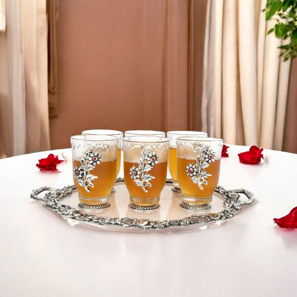 German Silver—Set of 6 Glasses with Tray—Silver