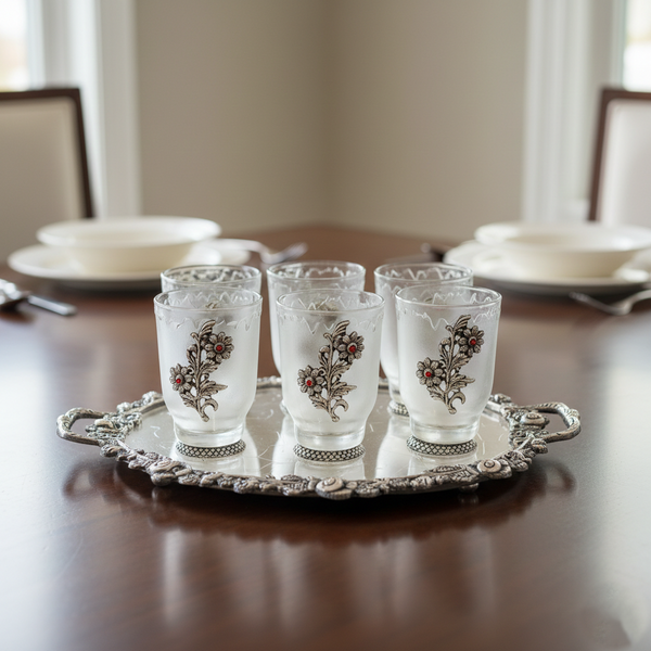 German Silver—Set of 6 Glasses with Tray—Silver