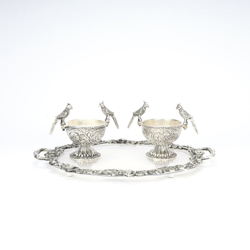 German Silver Set or 2 Parrot Bowls Set and Decorative Tray—Silver