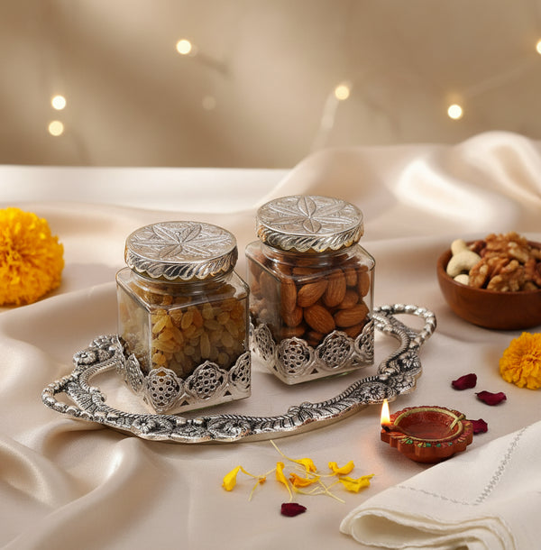 German silver Glass Jars set with decorative tray