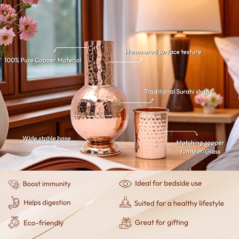 Glossy Hammered Copper Bedside bottle with Copper Glass cap