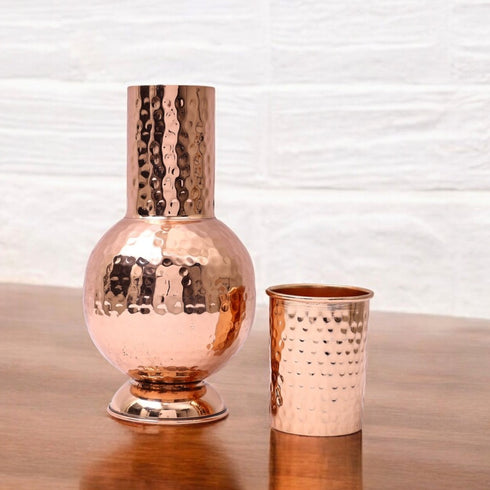Glossy Hammered Copper Bedside bottle with Copper Glass cap (Surahi Water bottle) (1.25 litre)