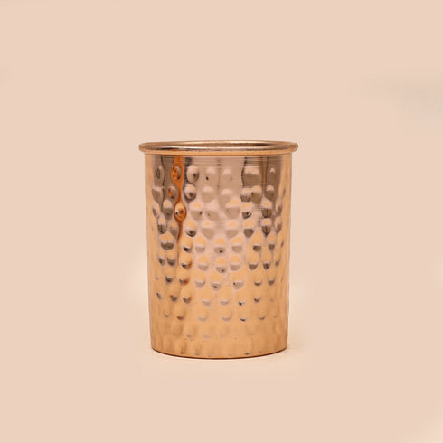 Glossy Hammered Copper Bedside bottle with Copper Glass cap (Surahi Water bottle) (1.25 litre)