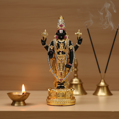 Gold-Coated Balaji Statue with Pink Stones