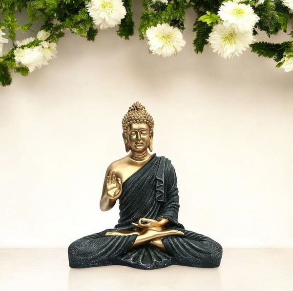 Gold Matte Finish Lord Buddha Statue in Dark Grey Drapery