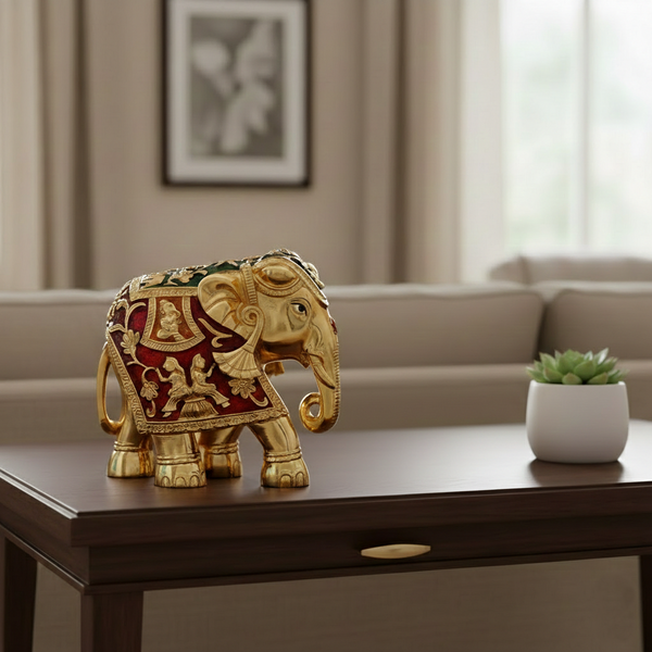 Gold plated Elephant showpiece - Red and Green Meenakari work