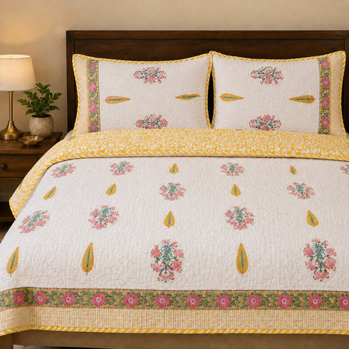 Golden Bloom Quilted Bed Cover and Pillow Cover – Hand Block Print