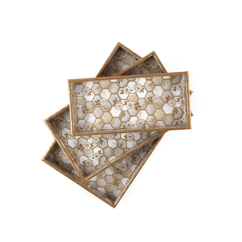 Golden Floral Serving Wooden Tray of 3