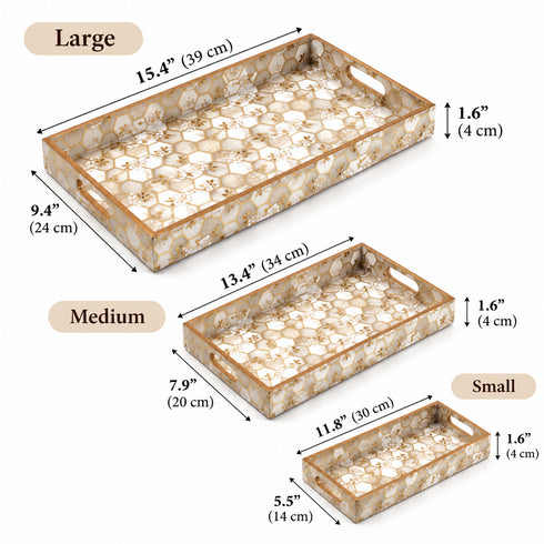 Golden Floral Serving Wooden Tray of 3