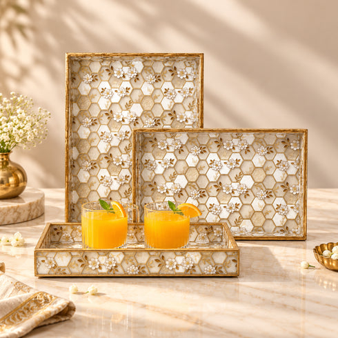 Golden Floral Serving Wooden Tray of 3