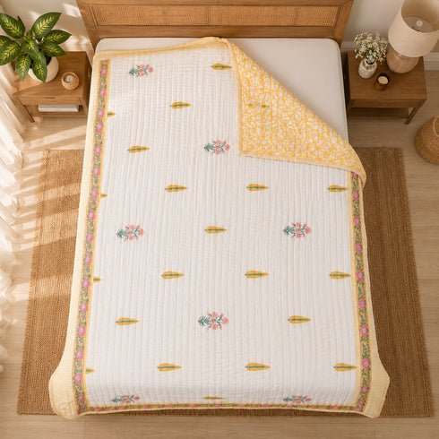Golden Leaf Mulmul Cotton Handmade Razai – Hand Block Print