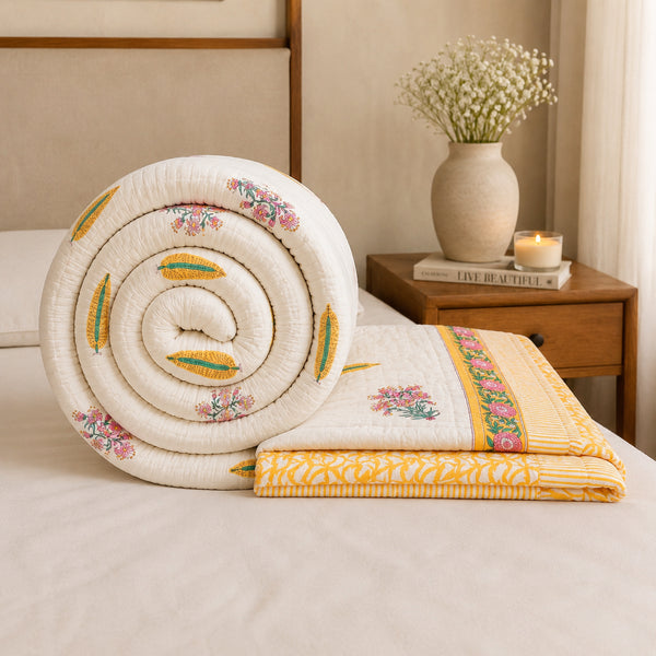 Golden Leaf Mulmul Cotton Handmade Razai – Hand Block Print