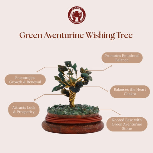 Green aventurine wishing tree with promotional text on a beige background