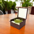Green glass bowl in an open brown box on a wooden table with blurred greenery in the background
