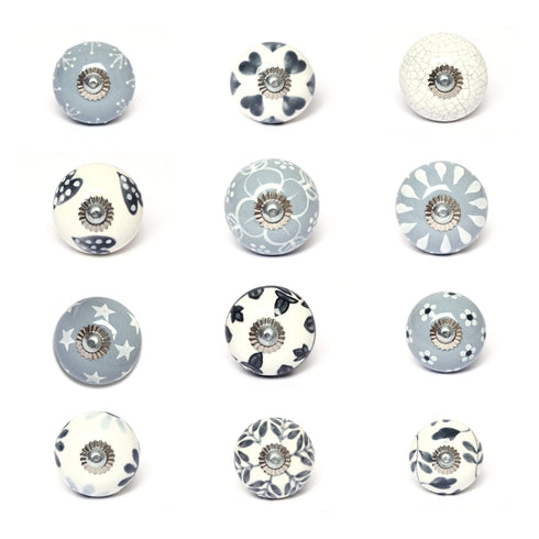 Grey and White Handcrafted and Hand painted Ceramic Knobs—Round Shaped—Set of 12—Abstract Design