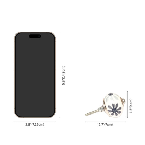 Grey and White Handcrafted and Hand painted Ceramic Knobs—Round Shaped—Set of 6—Floral Pattern