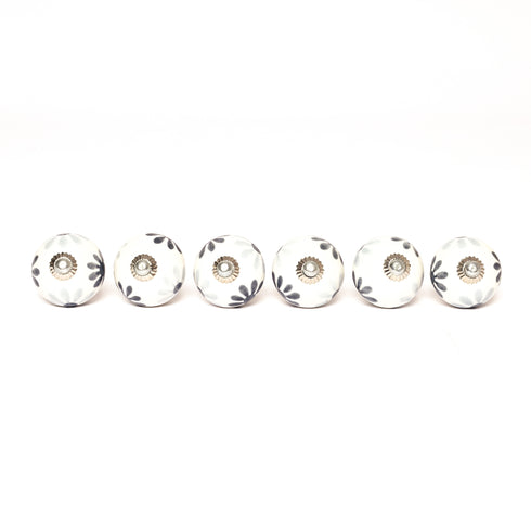 Grey and White Handcrafted and Hand painted Ceramic Knobs—Round Shaped—Set of 6—Floral Pattern