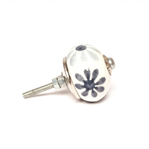 Grey and White Handcrafted and Hand painted Ceramic Knobs—Round Shaped—Set of 6—Floral Pattern