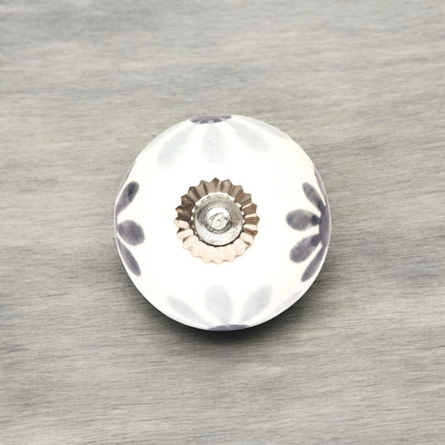 Grey and White Handcrafted and Hand painted Ceramic Knobs—Round Shaped—Set of 6—Floral Pattern