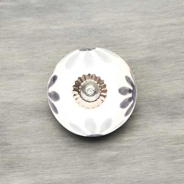 Grey and White Handcrafted and Hand painted Ceramic Knobs—Round Shaped—Set of 6—Floral Pattern