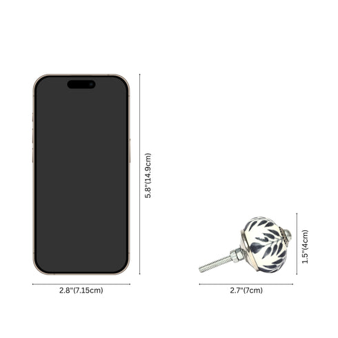 Grey and White Handcrafted and Hand painted Ceramic Knobs—Round Shaped—Set of 6—Leafy Pattern