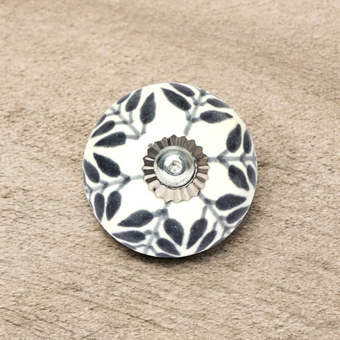 Grey and White Handcrafted and Hand painted Ceramic Knobs—Round Shaped—Set of 6—Leafy Pattern