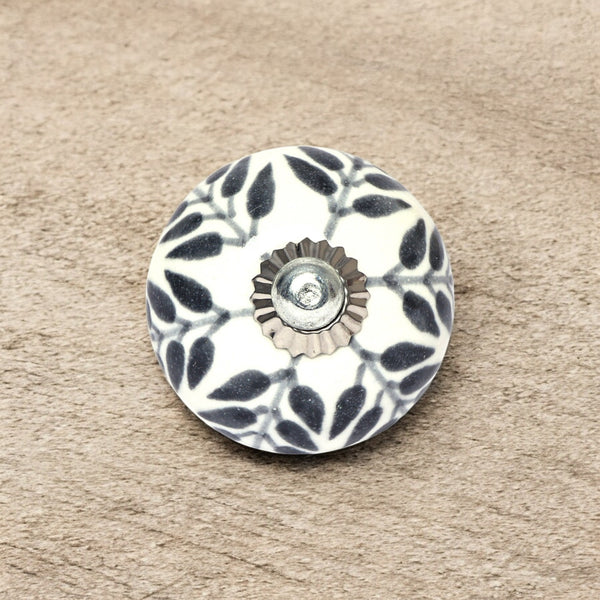 Grey and White Handcrafted and Hand painted Ceramic Knobs—Round Shaped—Set of 6—Leafy Pattern