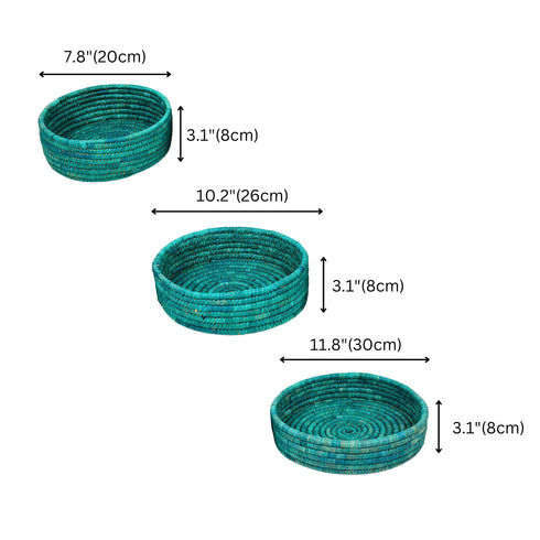 Handcrafted Sabai Grass Round Storage Baskets – Set of 3 - Teal