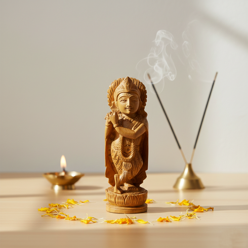 Hand-Carved Wooden Lord Krishna Idol – Spiritual Décor Item