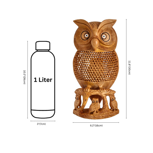 Hand-Carved Wooden Owl Figurine with Family Base