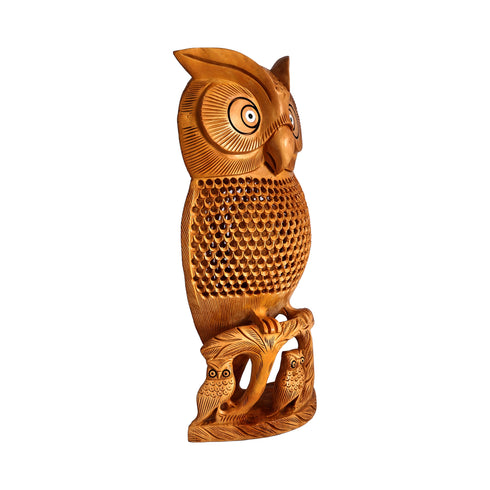 Hand-Carved Wooden Owl Figurine with Family Base