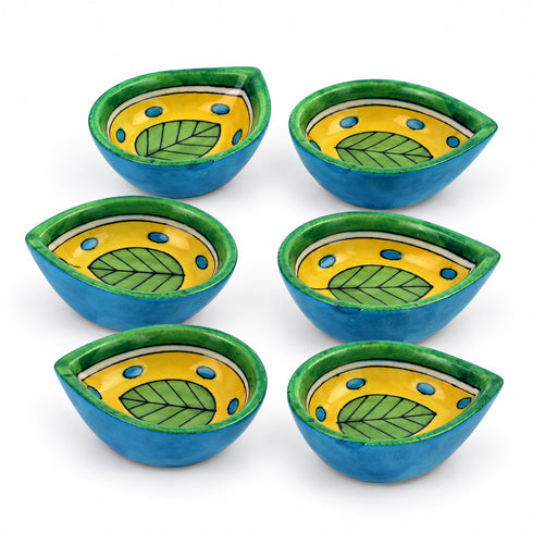 Green & Yellow Blue Pottery Leaf Diya