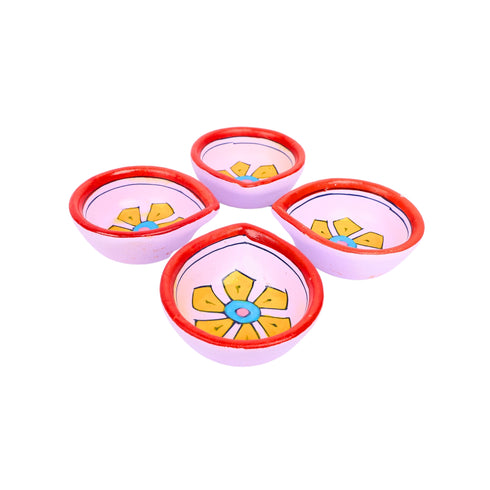 Hand-Painted Ceramic Diyas - Set of 4 – Lavender and Red