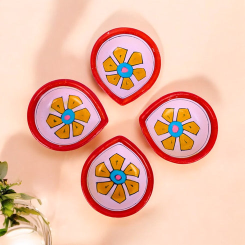 Hand-Painted Ceramic Diyas - Set of 4 – Lavender and Red