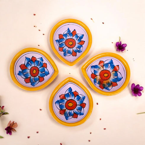 Hand-Painted Ceramic Diyas - Set of 4 – Lavender and Yellow