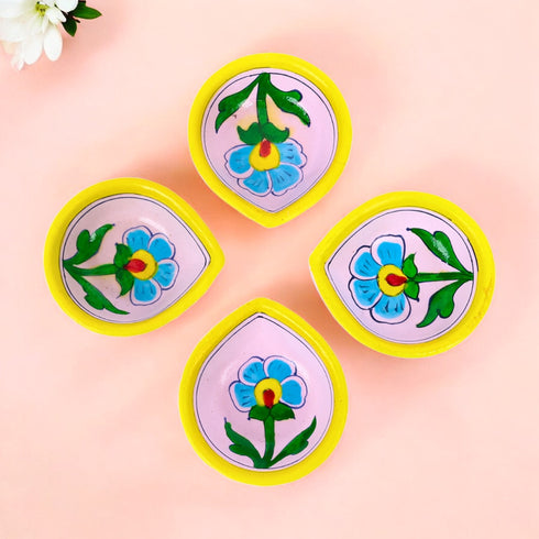 Hand-Painted Ceramic Diyas - Set of 4 – Lavender and Yellow