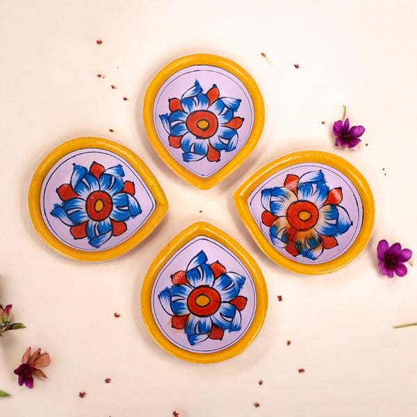 Hand-Painted Ceramic Diyas - Set of 4 – Lavender and Yellow
