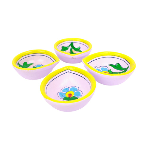 Hand-Painted Ceramic Diyas - Set of 4 – Lavender and Yellow