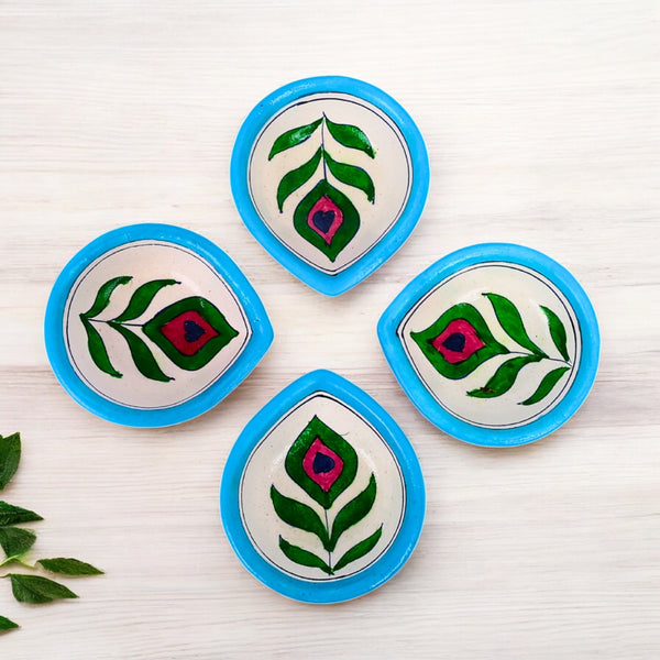Hand-Painted Ceramic Diyas - Set of 4 – Turquoise