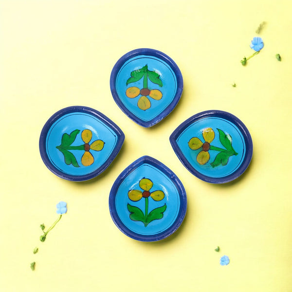 Hand-Painted Ceramic Diyas - Set of 4 – Turquoise and Blue