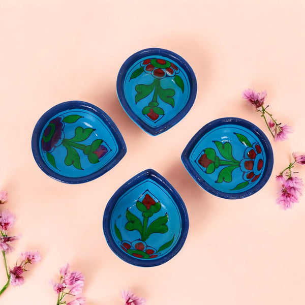Hand-Painted Ceramic Diyas - Set of 4 – Turquoise and Blue
